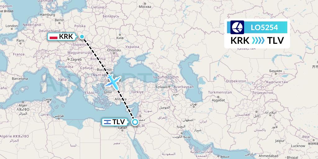 LO5254 LOT Flight Map: Krakow to Tel Aviv
