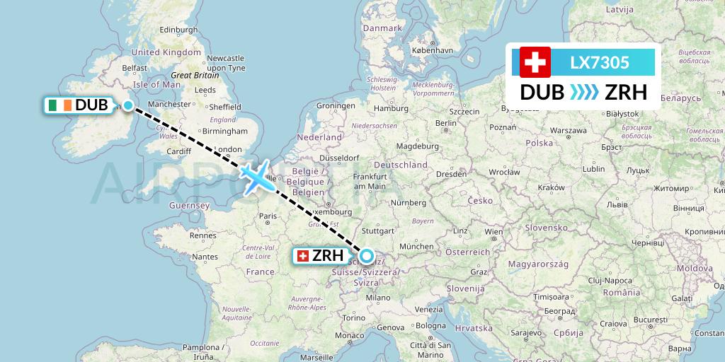 LX7305 Swiss Flight Map: Dublin to Zurich