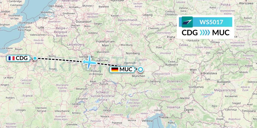 WS5017 WestJet Flight Map: Paris to Munich
