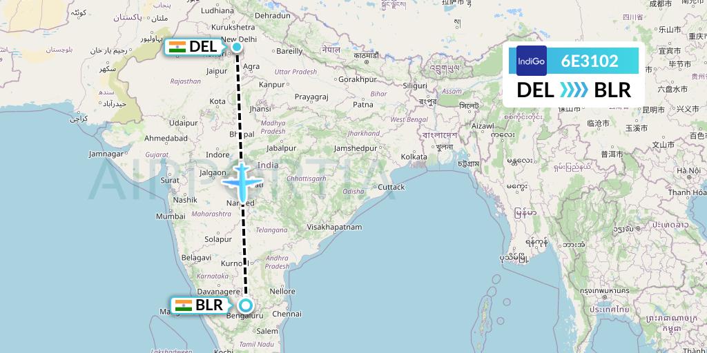 6E3102 IndiGo Airlines Flight Map: Delhi to Bangalore