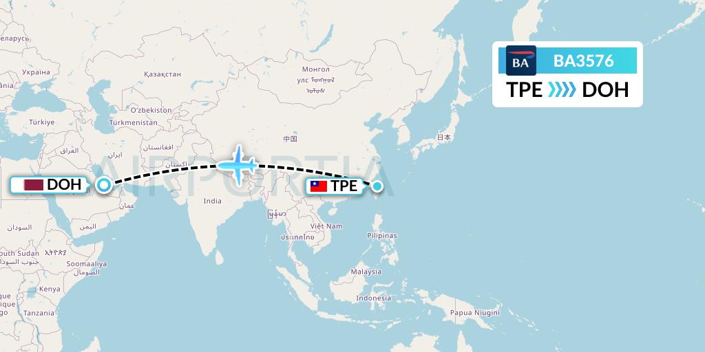 BA3576 British Airways Flight Map: Taipei to Doha
