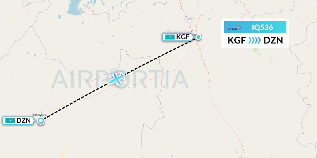IQ536 Qazaq Air Flight Map: Karaganda to Zhezkazgan