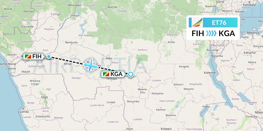 ET76 Ethiopian Airlines Flight Map: Kinshasa to Kananga