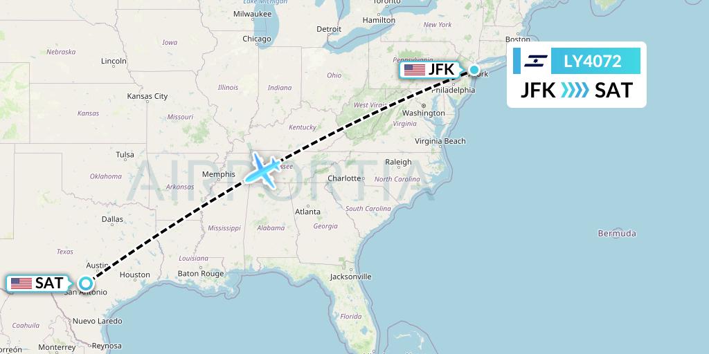 LY4072 El Al Flight Map: New York to San Antonio