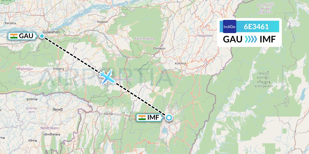 6E3461 IndiGo Airlines Flight Map: Guwahati to Imphal