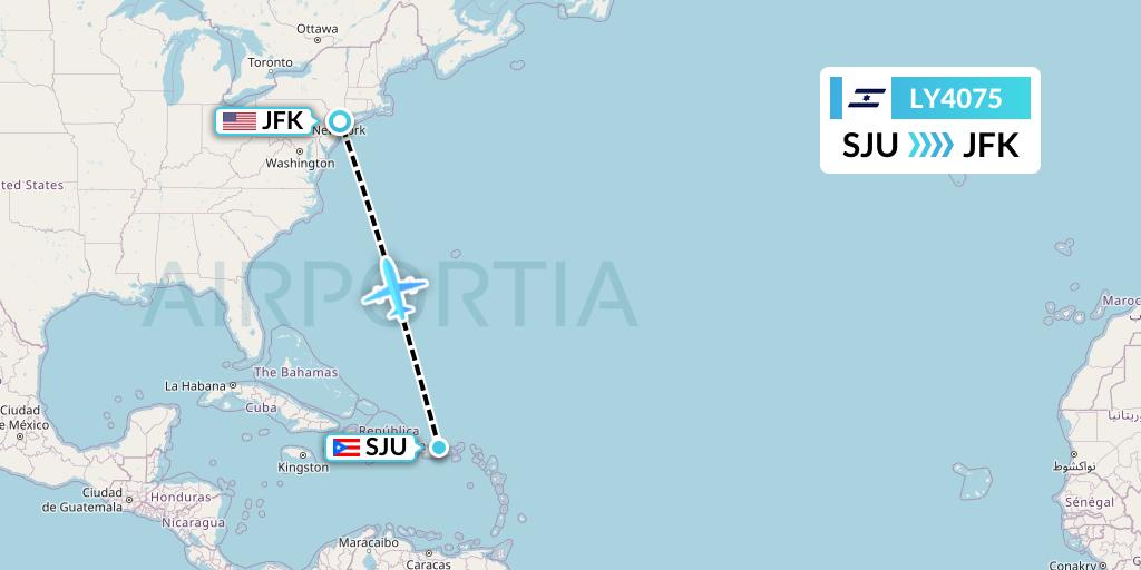 LY4075 El Al Flight Map: San Juan to New York