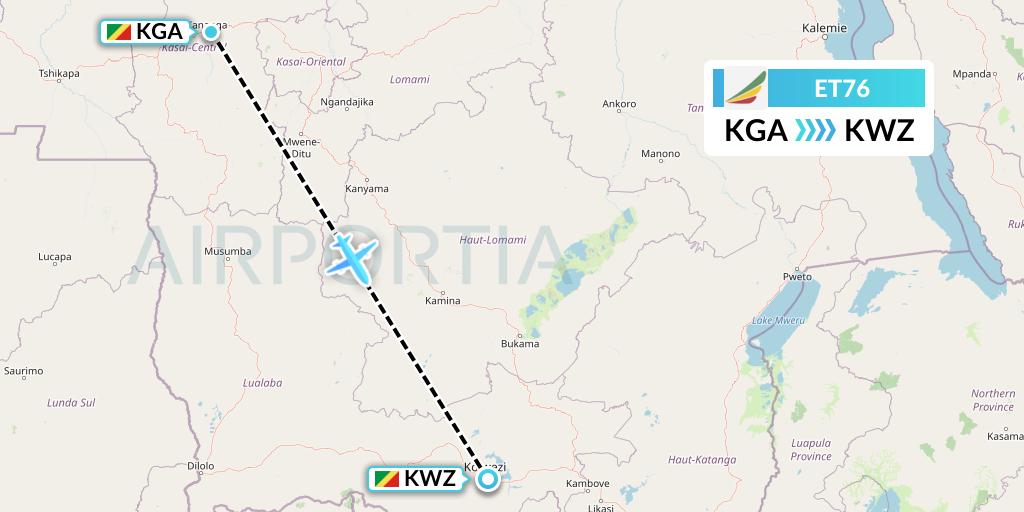ET76 Ethiopian Airlines Flight Map: Kananga to Congo