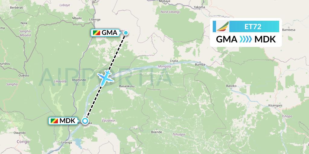ET72 Ethiopian Airlines Flight Map: Gemena to Mbandaka