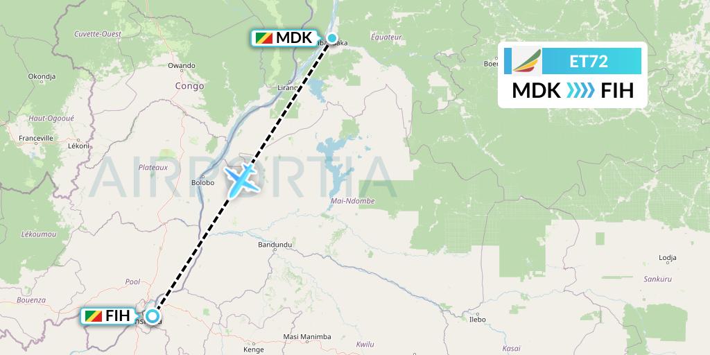 ET72 Ethiopian Airlines Flight Map: Mbandaka to Kinshasa