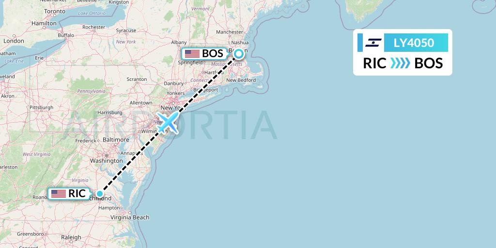 LY4050 El Al Flight Map: Richmond to Boston