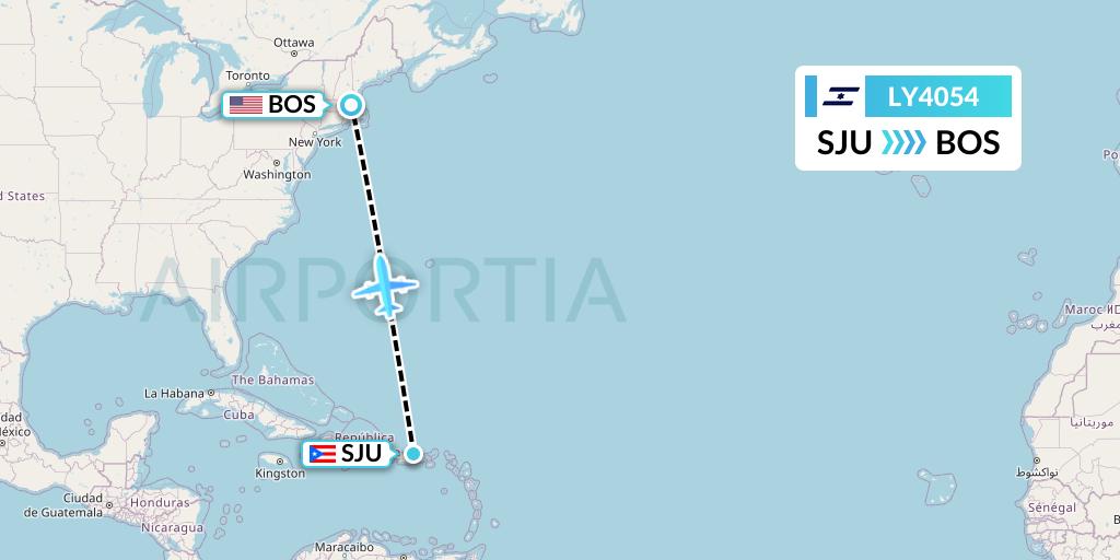 LY4054 El Al Flight Map: San Juan to Boston