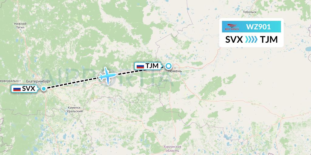 WZ901 Red Wings Flight Map: Yekaterinburg to Tyumen