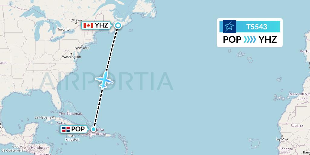 TS543 Air Transat Flight Map: Puerto Plata to Halifax