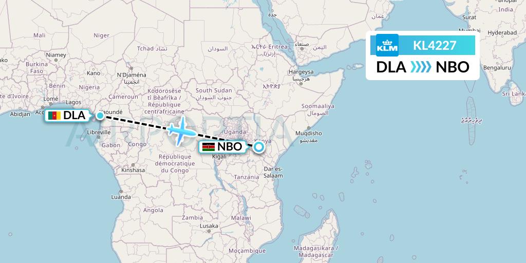 KL4227 KLM Flight Map: Douala to Nairobi