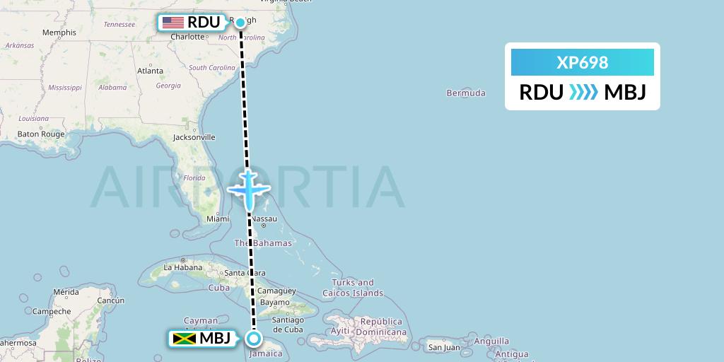 XP698 Avelo Airlines Flight Map: Raleigh-Durham to Montego Bay