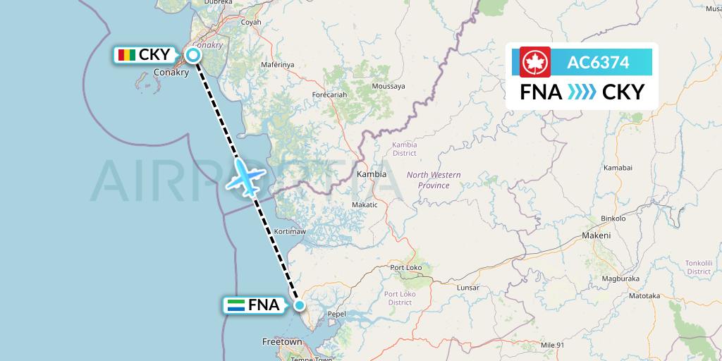 AC6374 Air Canada Flight Map: Freetown to Conakry
