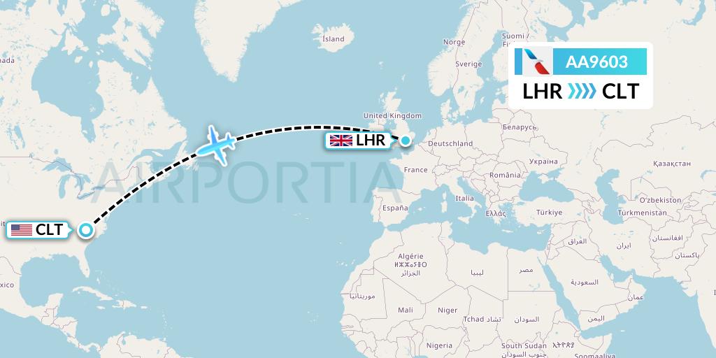 AA9603 American Airlines Flight Map: London to Charlotte