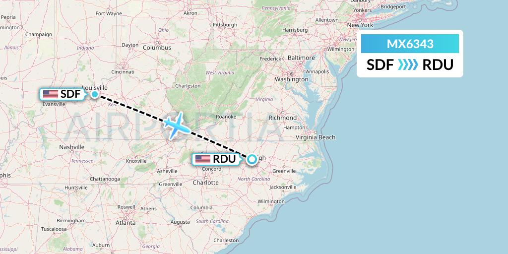 MX6343 Breeze Airways Flight Map: Louisville to Raleigh-Durham