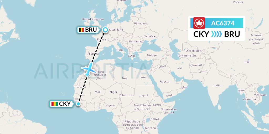 AC6374 Air Canada Flight Map: Conakry to Brussels