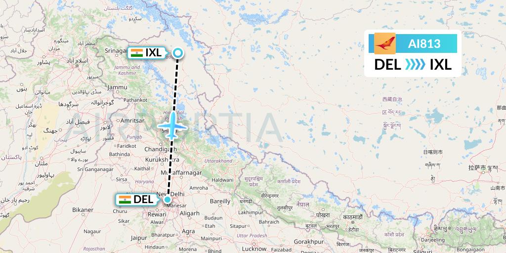 AI813 Air India Flight Map: Delhi to Leh