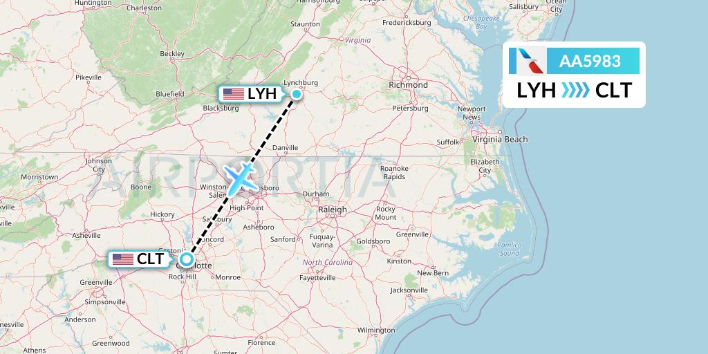 AA5983 American Airlines Flight Map: Lynchburg to Charlotte