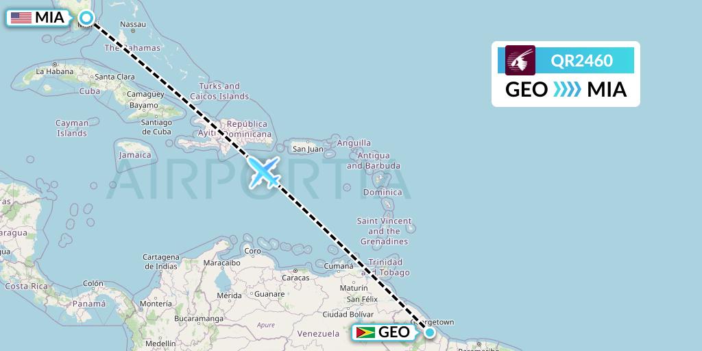 QR2460 Qatar Airways Flight Map: Georgetown to Miami