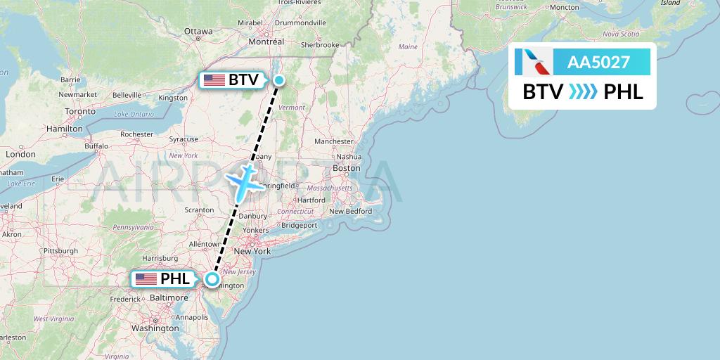 AA5027 American Airlines Flight Map: Burlington to Philadelphia