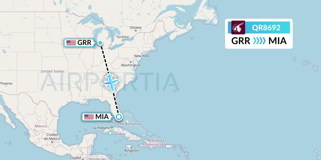QR8692 Qatar Airways Flight Map: Grand Rapids to Miami