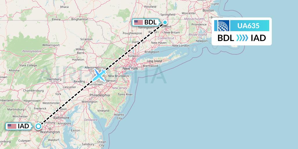 UA635 United Airlines Flight Map: Windsor Locks to Washington