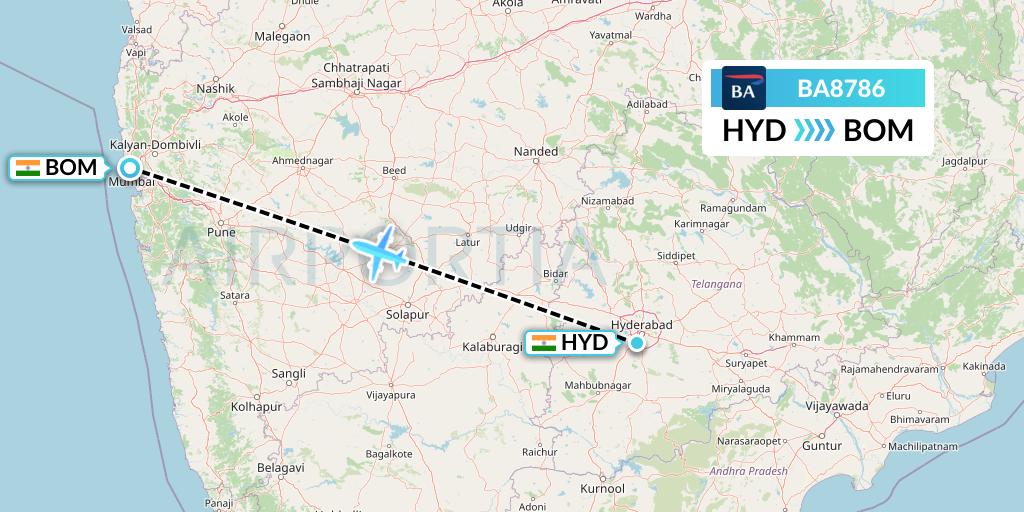BA8786 British Airways Flight Map: Hyderabad to Mumbai