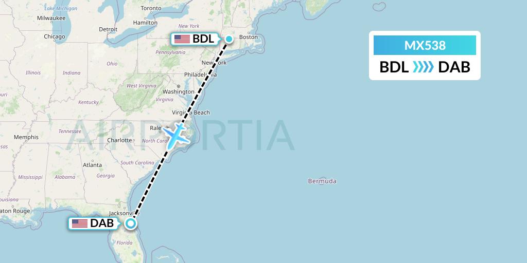 MX538 Breeze Airways Flight Map: Windsor Locks to Daytona Beach