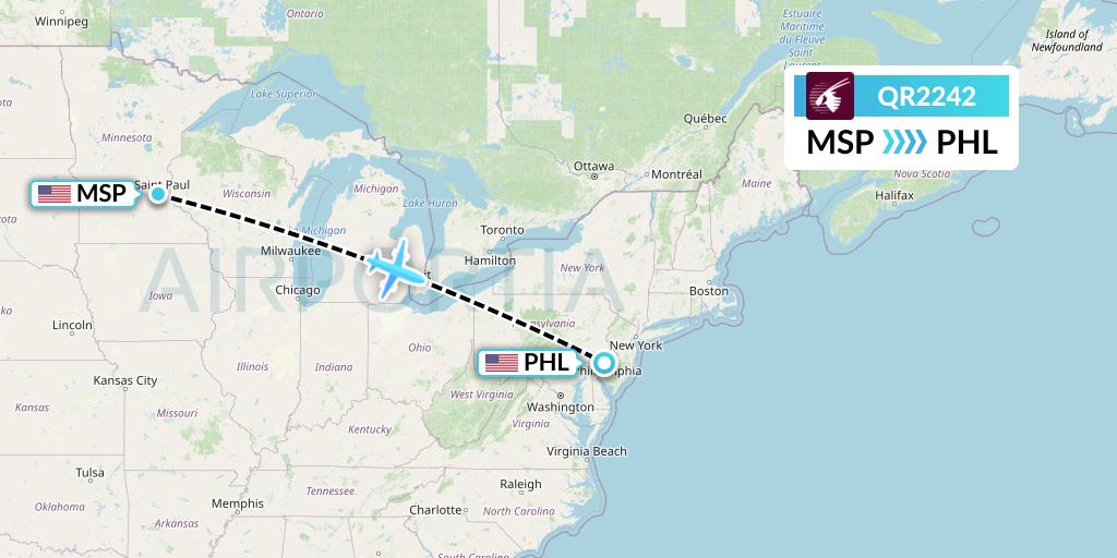 QR2242 Qatar Airways Flight Map: Minneapolis to Philadelphia