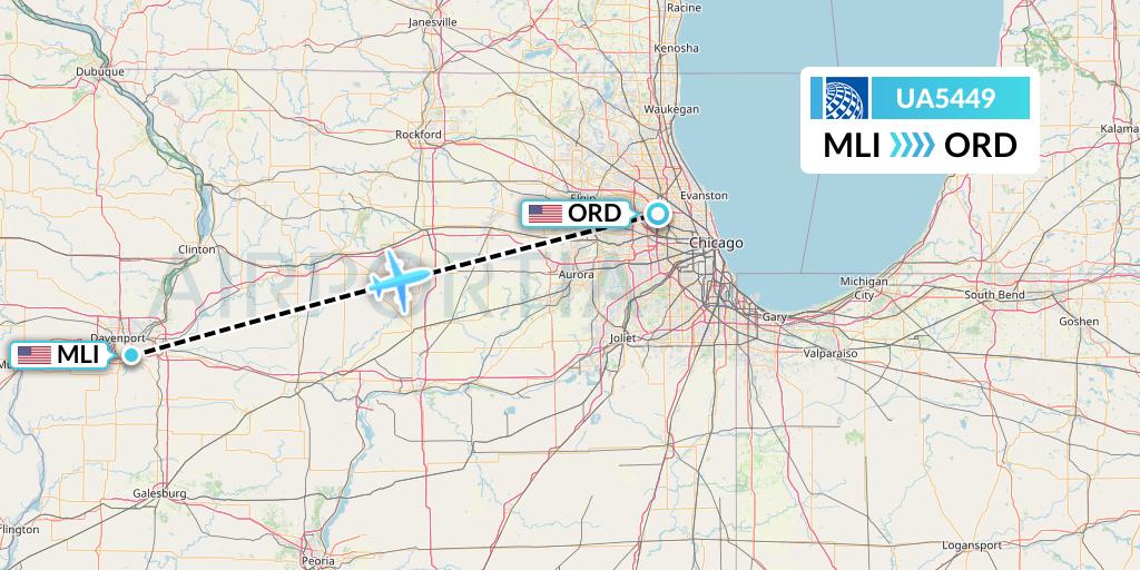 UA5449 United Airlines Flight Map: Moline to Chicago