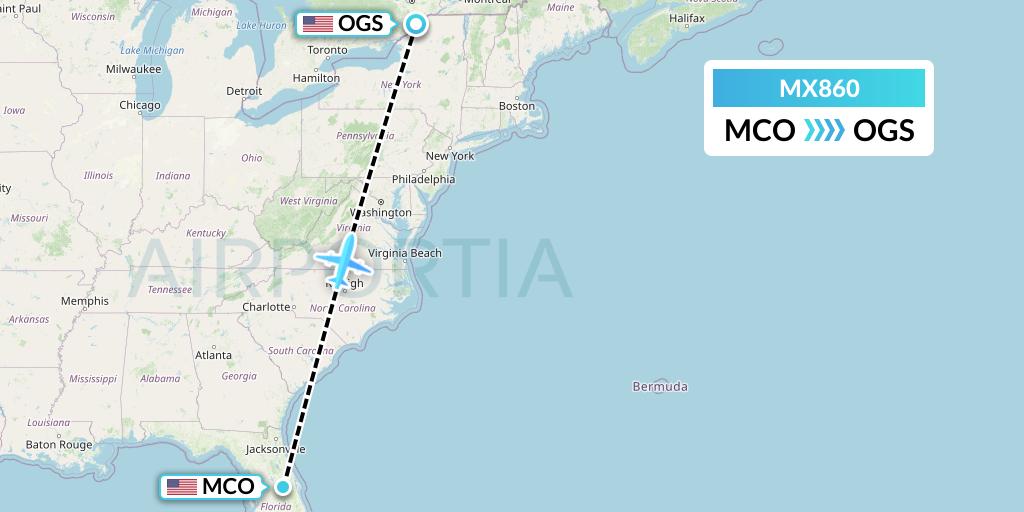 MX860 Breeze Airways Flight Map: Orlando to Ogdensburg