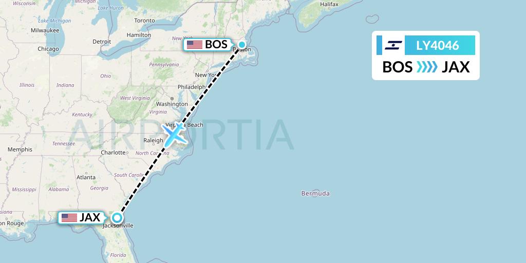 LY4046 El Al Flight Map: Boston to Jacksonville