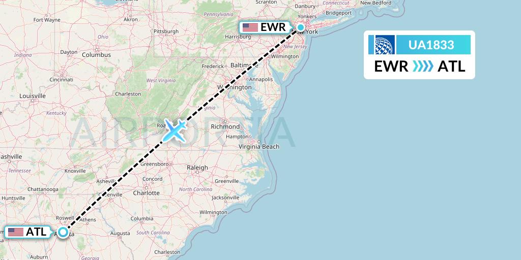 UA1833 United Airlines Flight Map: New York to Atlanta