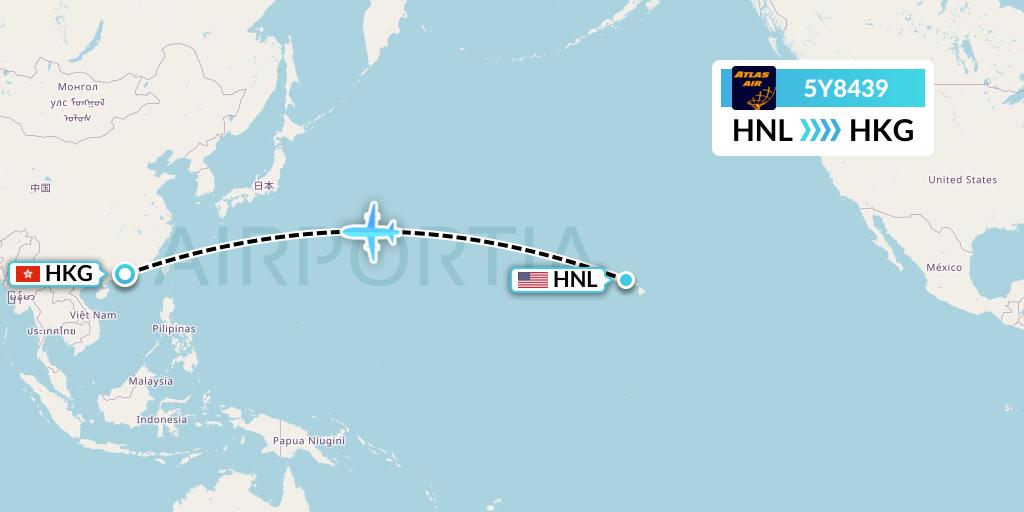 5Y8439 Atlas Air Flight Map: Honolulu to Hong Kong