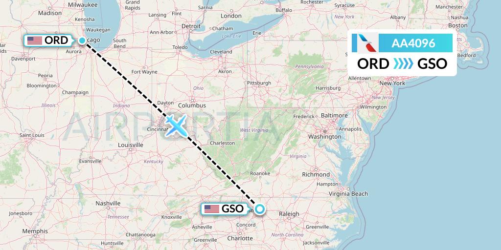 AA4096 American Airlines Flight Map: Chicago to Greensboro