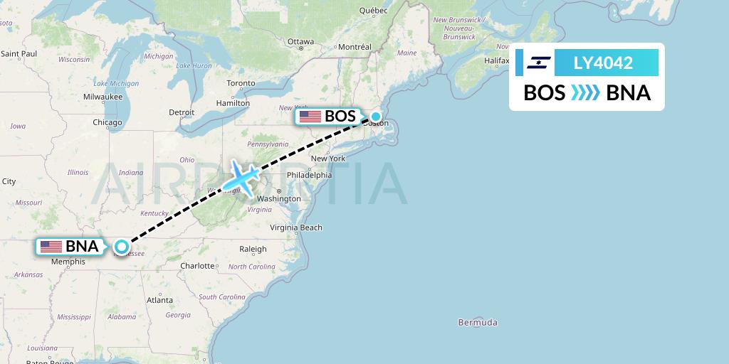 LY4042 El Al Flight Map: Boston to Nashville