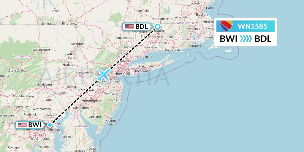 WN1585 Southwest Airlines Flight Map: Baltimore to Windsor Locks