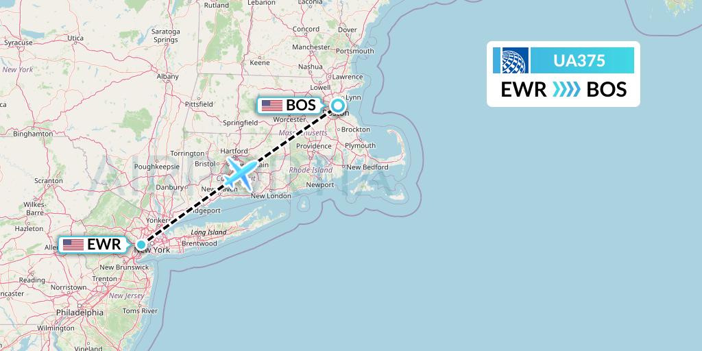 UA375 United Airlines Flight Map: New York to Boston