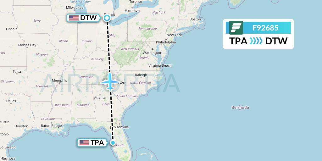 F92685 Frontier Airlines Flight Map: Tampa to Detroit