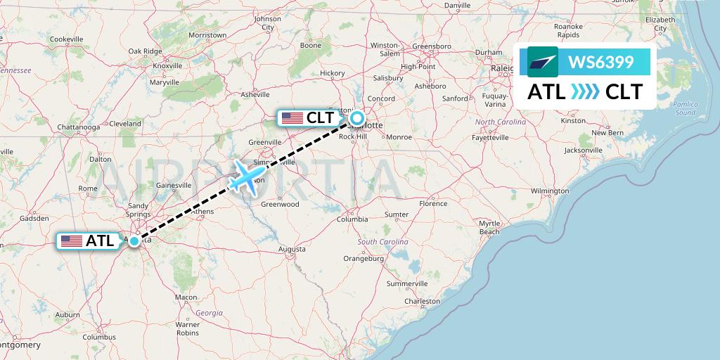 WS6399 WestJet Flight Map: Atlanta to Charlotte