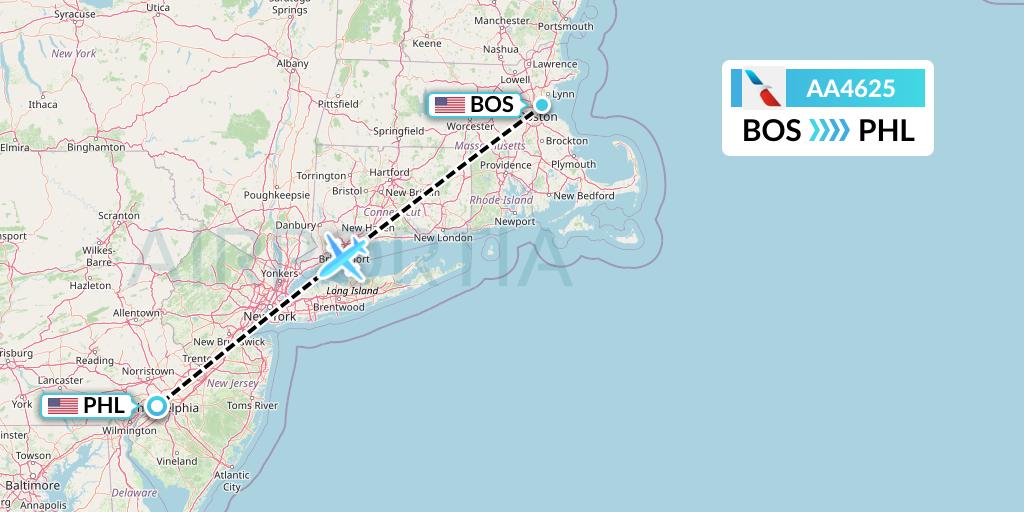 AA4625 American Airlines Flight Map: Boston to Philadelphia