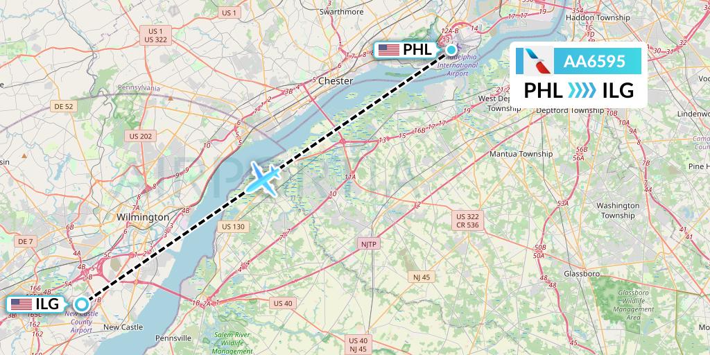 AA6595 American Airlines Flight Map: Philadelphia to Wilmington