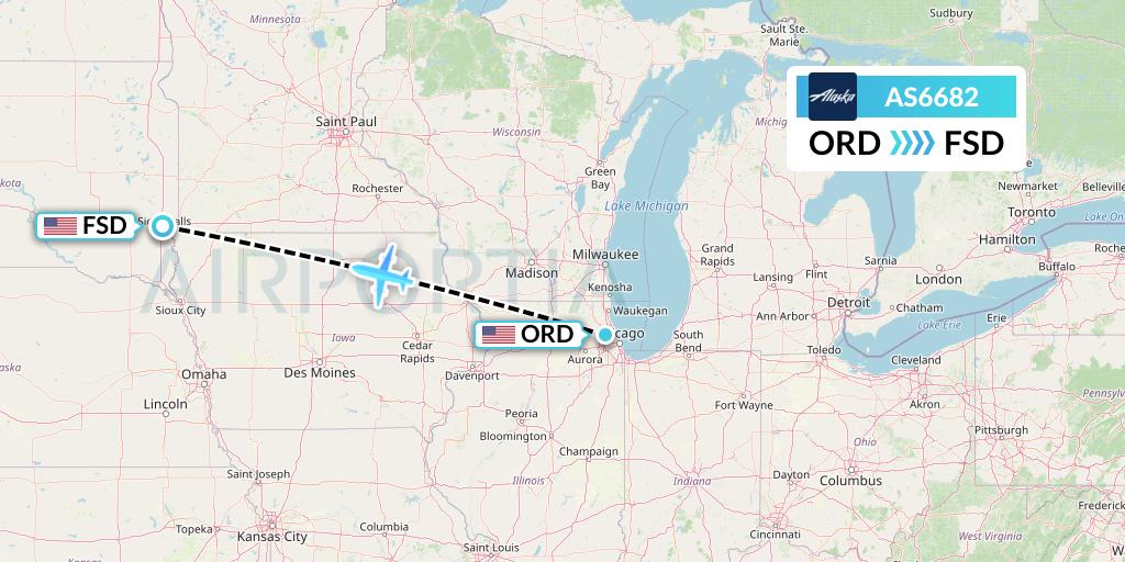 AS6682 Alaska Airlines Flight Map: Chicago to Sioux Falls