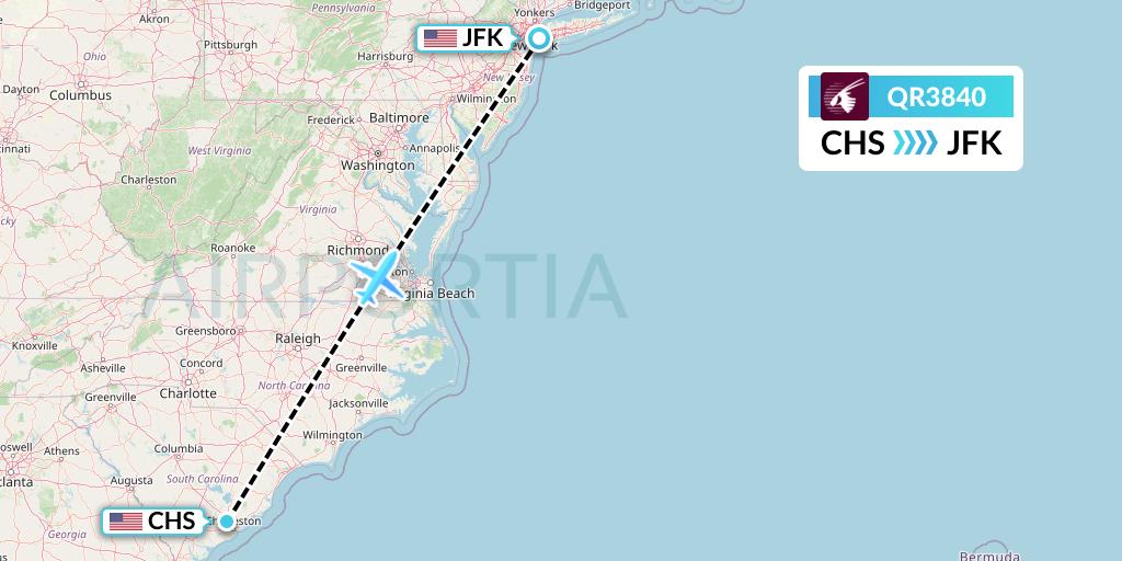 QR3840 Qatar Airways Flight Map: Charleston to New York