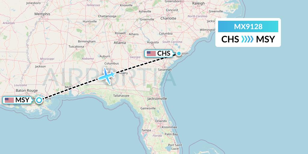 MX9128 Breeze Airways Flight Map: Charleston to New Orleans