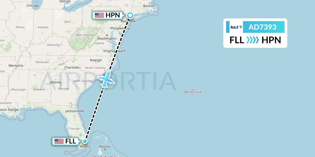 AD7393 Azul Brazilian Airlines Flight Map: Fort Lauderdale to White Plains