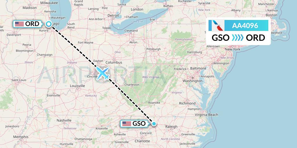 AA4096 American Airlines Flight Map: Greensboro to Chicago
